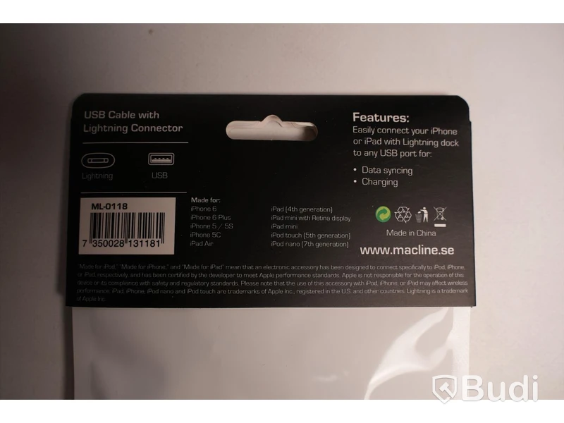 Laddarsladd 10st, Macline USB to lightning connector 1m. Ny, Obruten förpackning.