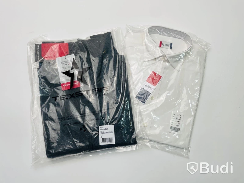 1 st skjorta herr NY stl XS samt 1 st zip-tröja NY herr stl S, Clark Clique skjorta vit samt Texstar City Cardigan grå, totalt ord. pris ca: 1323 kr