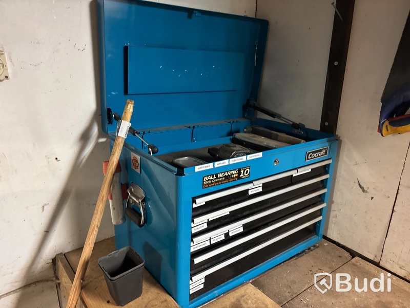 Verkstad med handverktyg, redskap, vattenpump, motorsåg m.m