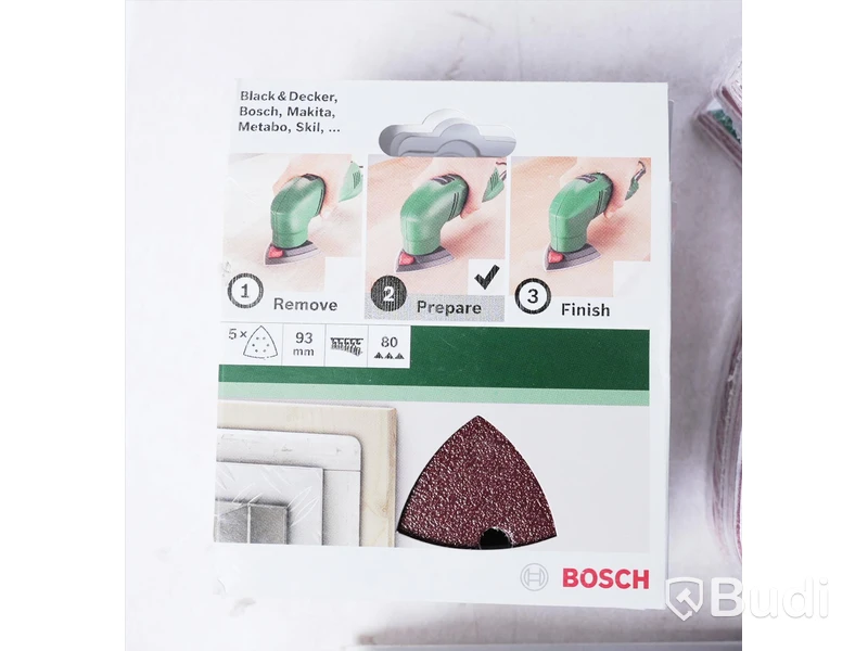 Låda med div slippapper - Bosch, se bilder. Totalt värde ca 1500kr. Ny.