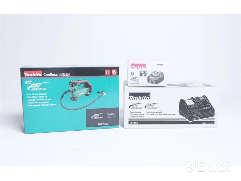 Kompressor, batteri och laddare - Makita DMP180Z Cordless Inflator, BL1860B batteri samt DC18RE laddare. Totalt värde ca 3100. Ny.