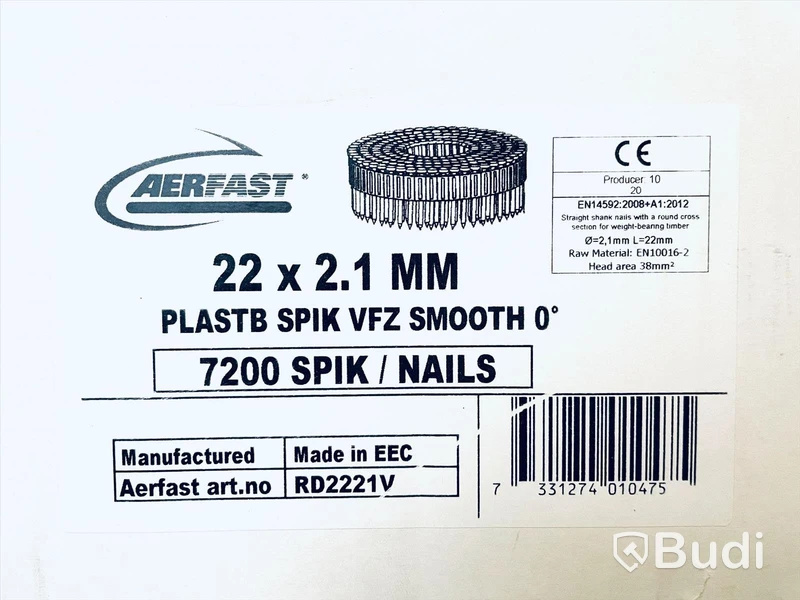 Lådor m. spik 7200-pack, 3st - Aerfast 22 x 2.1 mm Plastb Spik VFZ Smooth 0°, totalt värde ca: 3500 kr