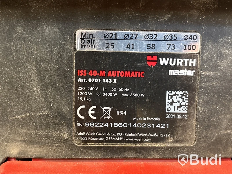Grovdammsugare Wurth, ISS 40M Automatic
