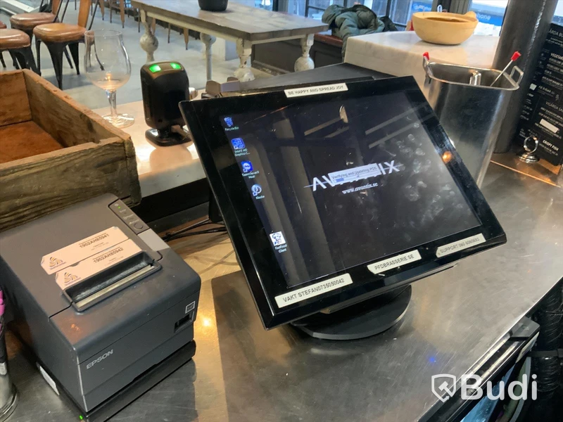 Kassasystem med touchskärm, dubbla skärmar, streckkodsläsare och Epson kvittoskrivare Senor