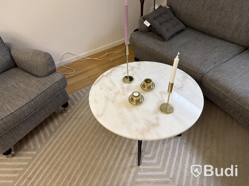 Soffgrupp grå med bord, lampa och konstväxt