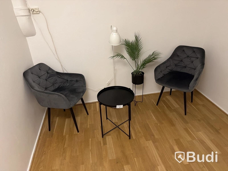 Sittgrupp två stolar, bord, golvlampa och växt