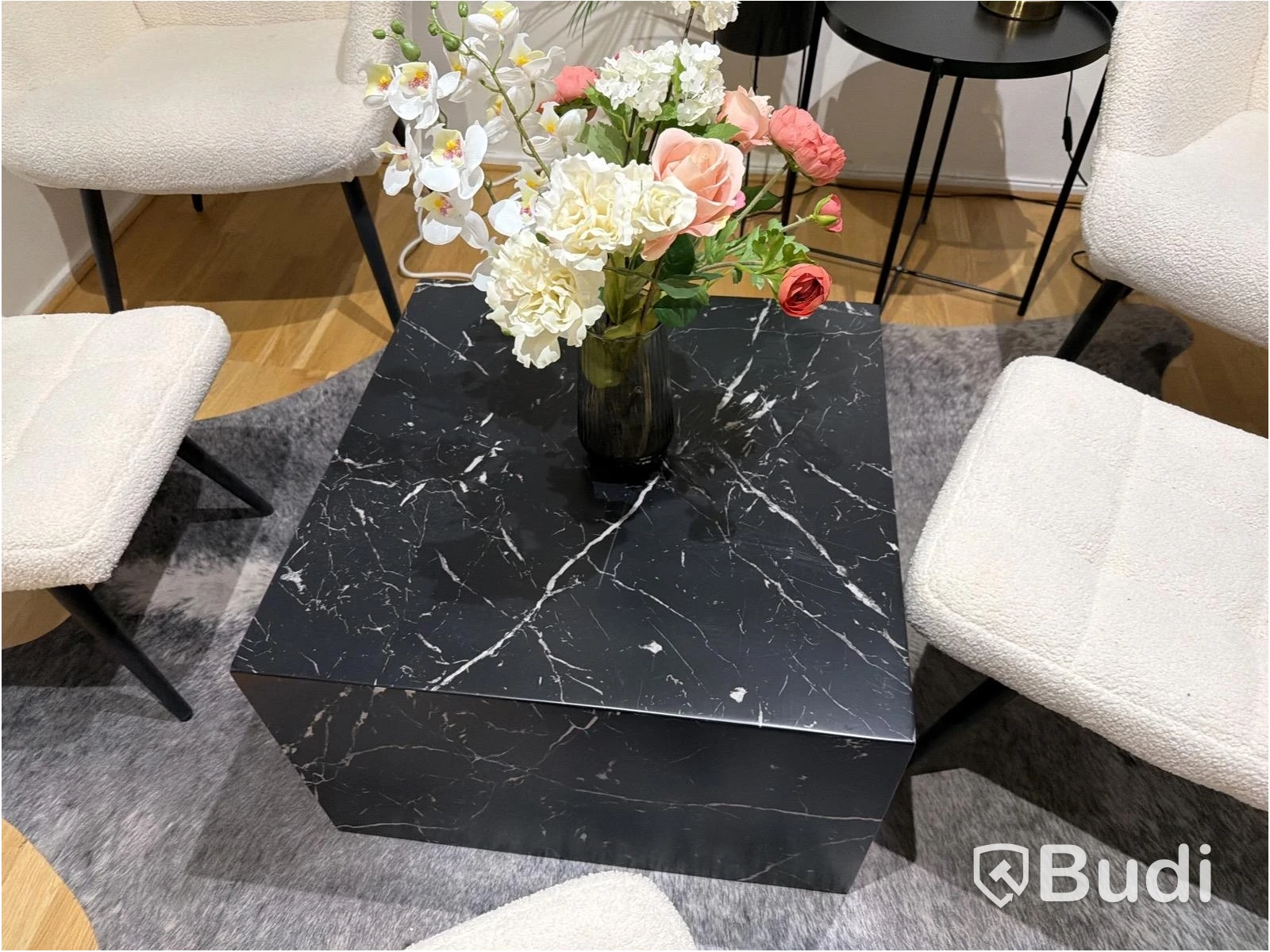 Furniture set with armchairs and stools, table, lamp and artificial plant