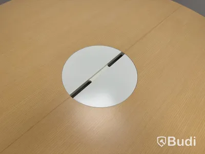 Runt konferensbord i trä, vita stålben, Ø 140 cm
