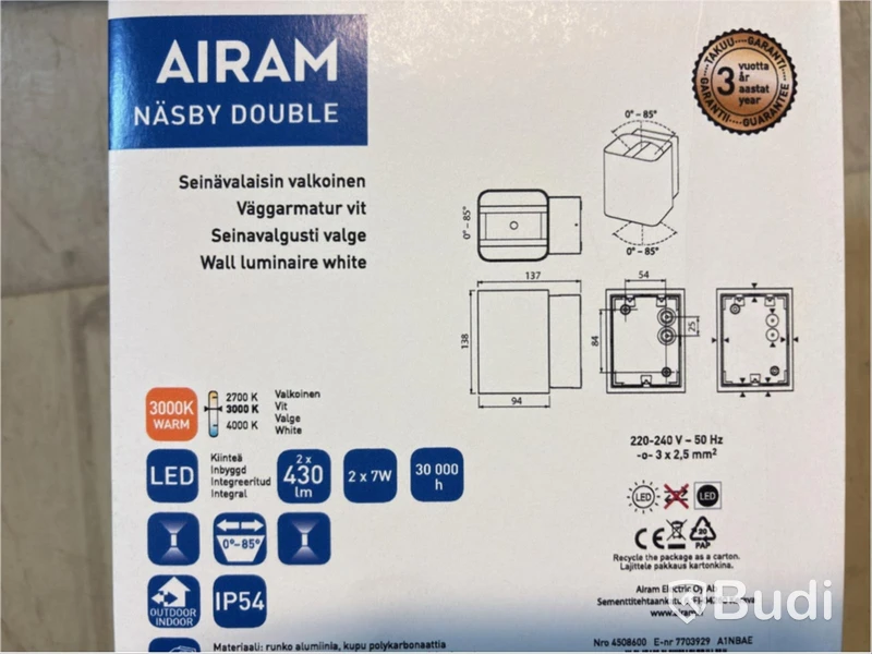 3 ST. VÄGGARMATURER AIRAM, NÄSBY, 2X6W/830 VI, A1NBAE