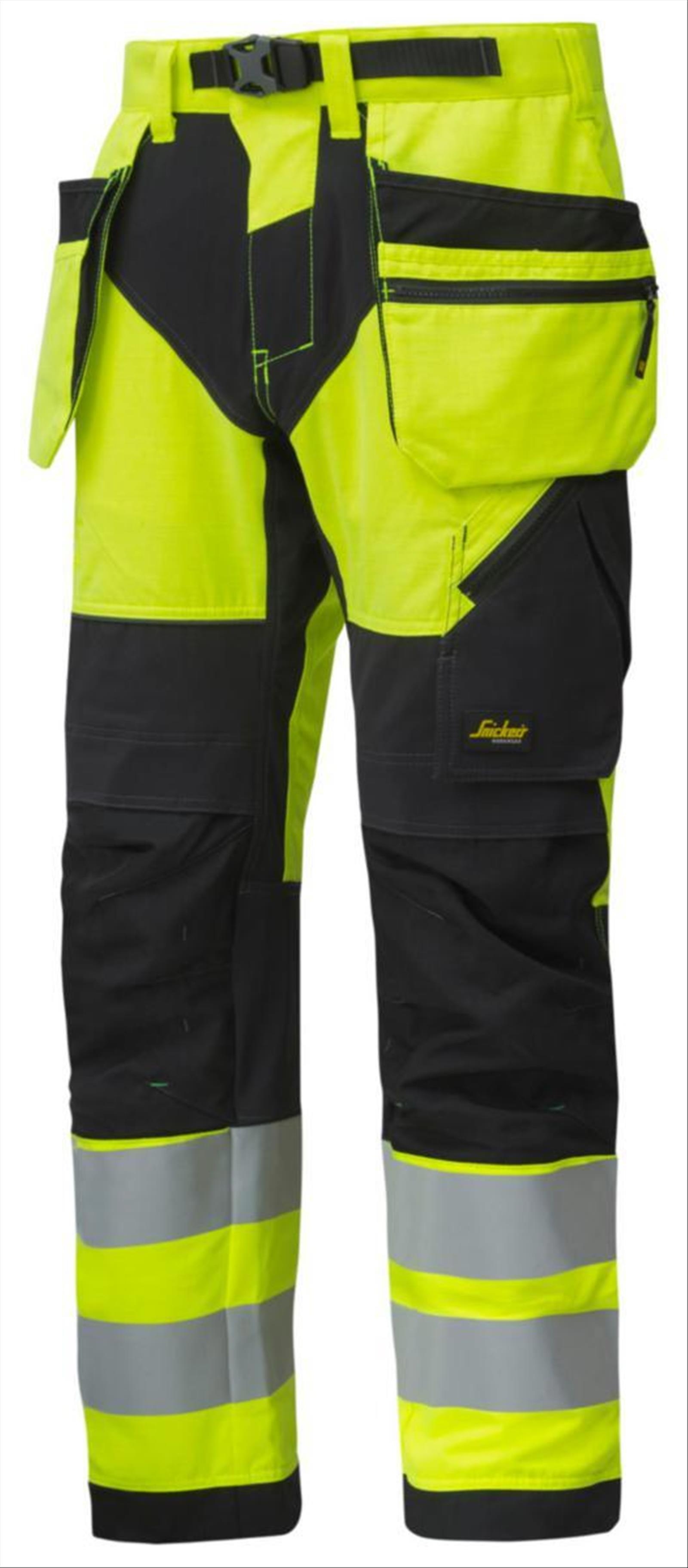 (NEW) SNICKERS WORK TROUSERS, 6932 YELLOW/BLACK, HI-VIS CLASS 2, FW HF, SIZE 88