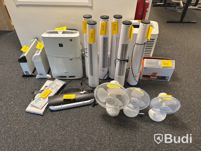 Diverse ventilationsprodukter, lamineringsmaskin, tangentbord och skrivare
