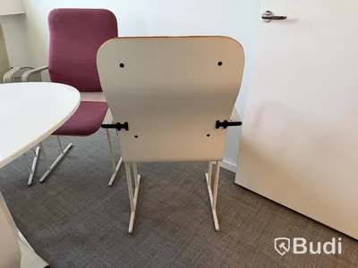 Conference table, 8 conference chairs, Avarte, Yrjö Kukkapuro, light green and cerise/purple, air bubbles in the tabletop