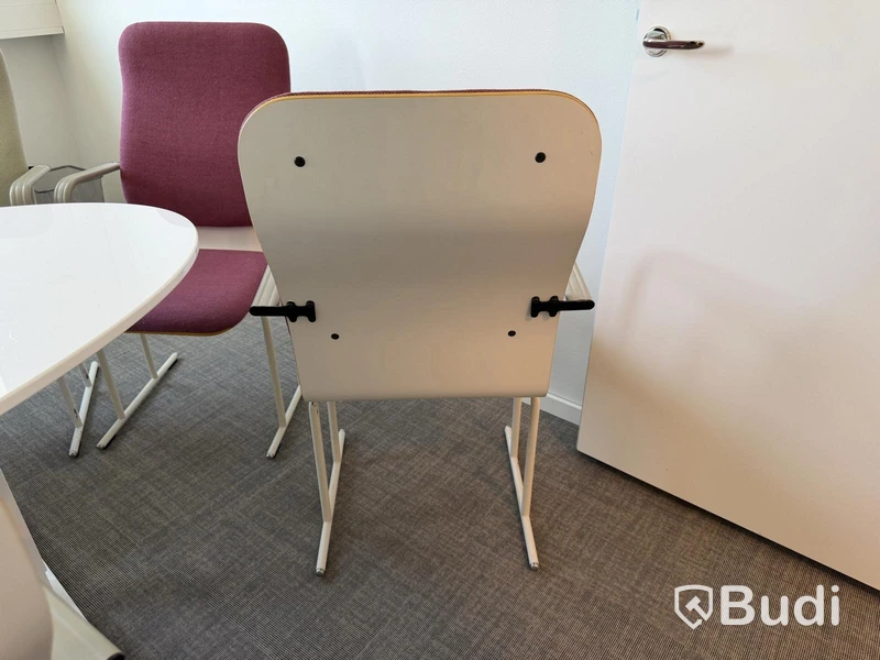 Conference table, 8 conference chairs, Avarte, Yrjö Kukkapuro, light green and cerise/purple, air bubbles in the tabletop