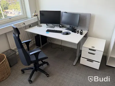 Office workstation, height-adjustable desk, 2 monitors, office chair, drawer unit and shelf