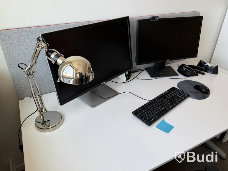 Office workstation, height-adjustable desk, 2 monitors, office chair, drawer unit and shelf