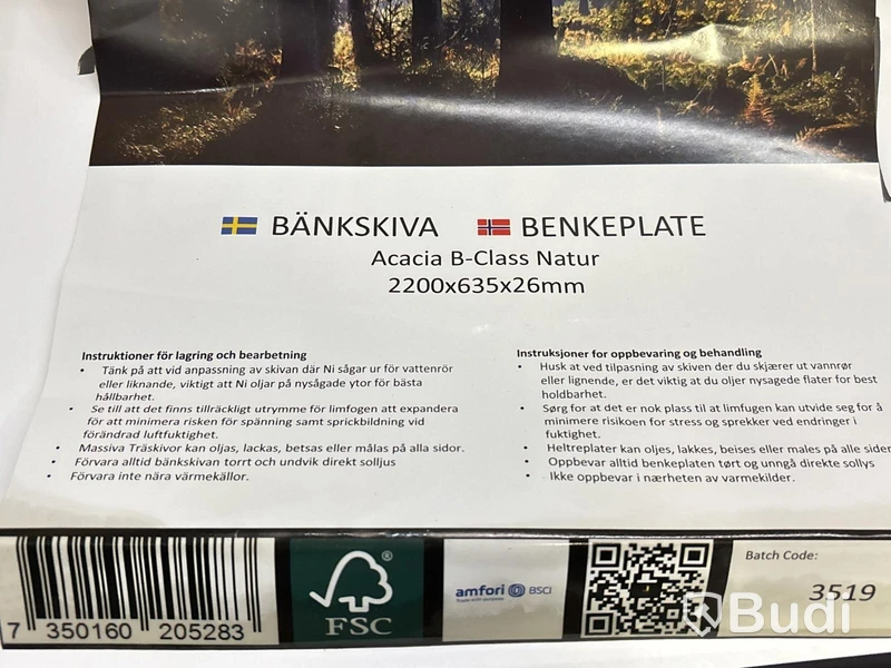 BÄNKSKIVA 2200X635X26MM
