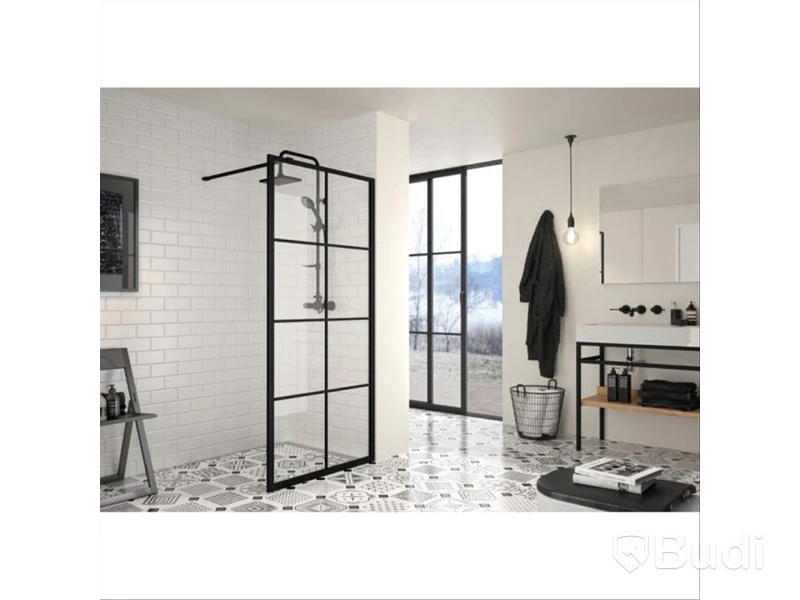 (NEW) CAMARGUE FRAME SHOWER WALL WITH BLACK BARS, 90 CM