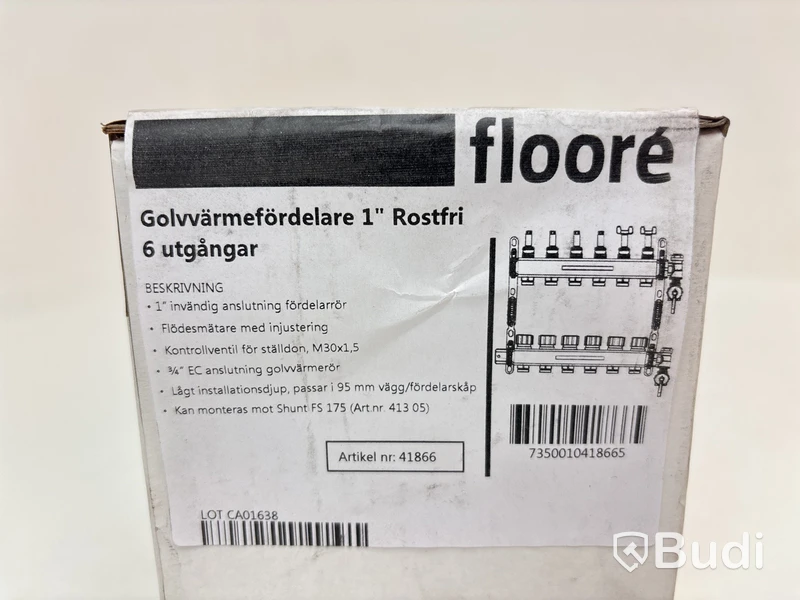 Golvvärmefördelare flooré, 1 tum, rostfri, 6 utgångar