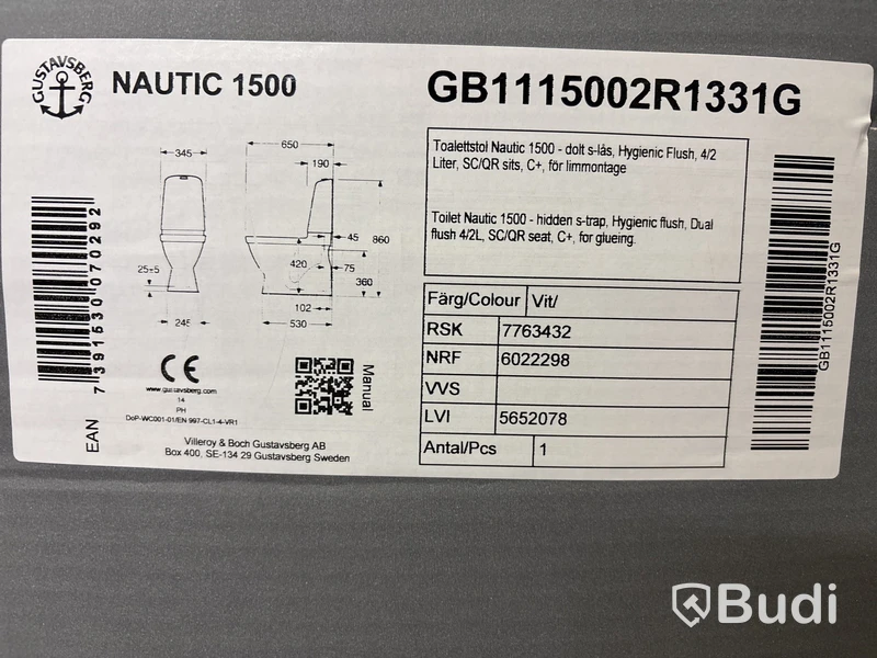 TOALETT GUSTAVSBERG NAUTIC 1500 C+ LIMNING HYGIENIC FLUSH
