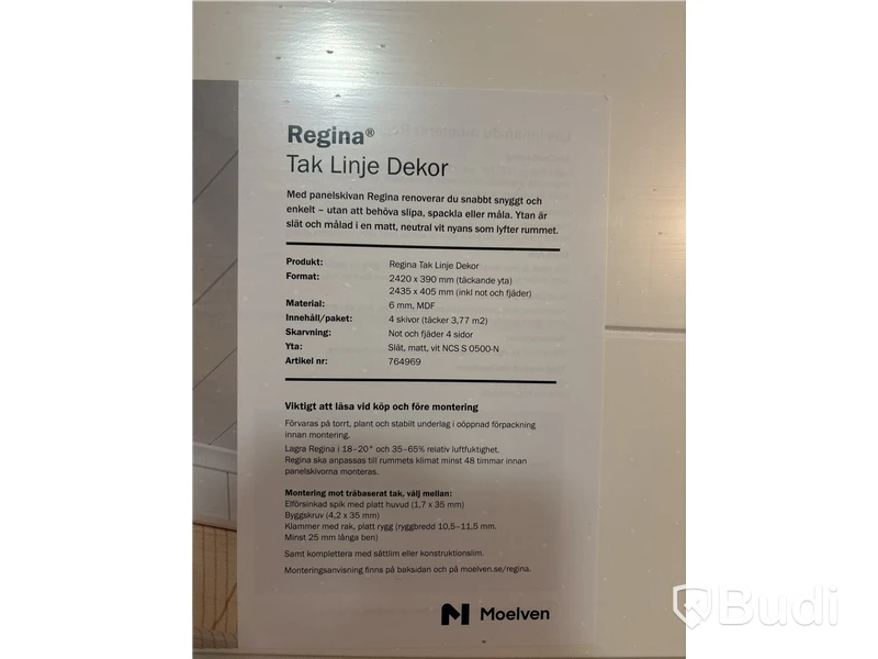 ca 26,39 kvm TAKPANEL MOELVEN REGINA LINJE VIT 6X405X2435MM