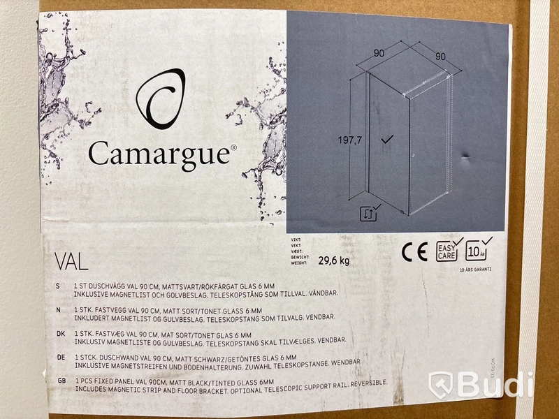 DUSCHVÄGG CAMARGUE VAL 90 CM MATTSVART/RÖKFÄRGAT