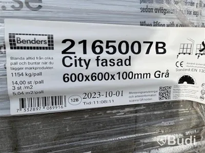 14 st. pall MARKPLATTA BENDERS, 2165007B CITY FASAD 600X600X100MM GRÅ B