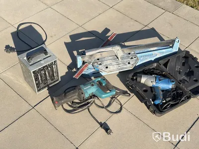 Tool lot - Sigma tile cutter, impact wrench, reciprocating saw and 2 kW fan heater