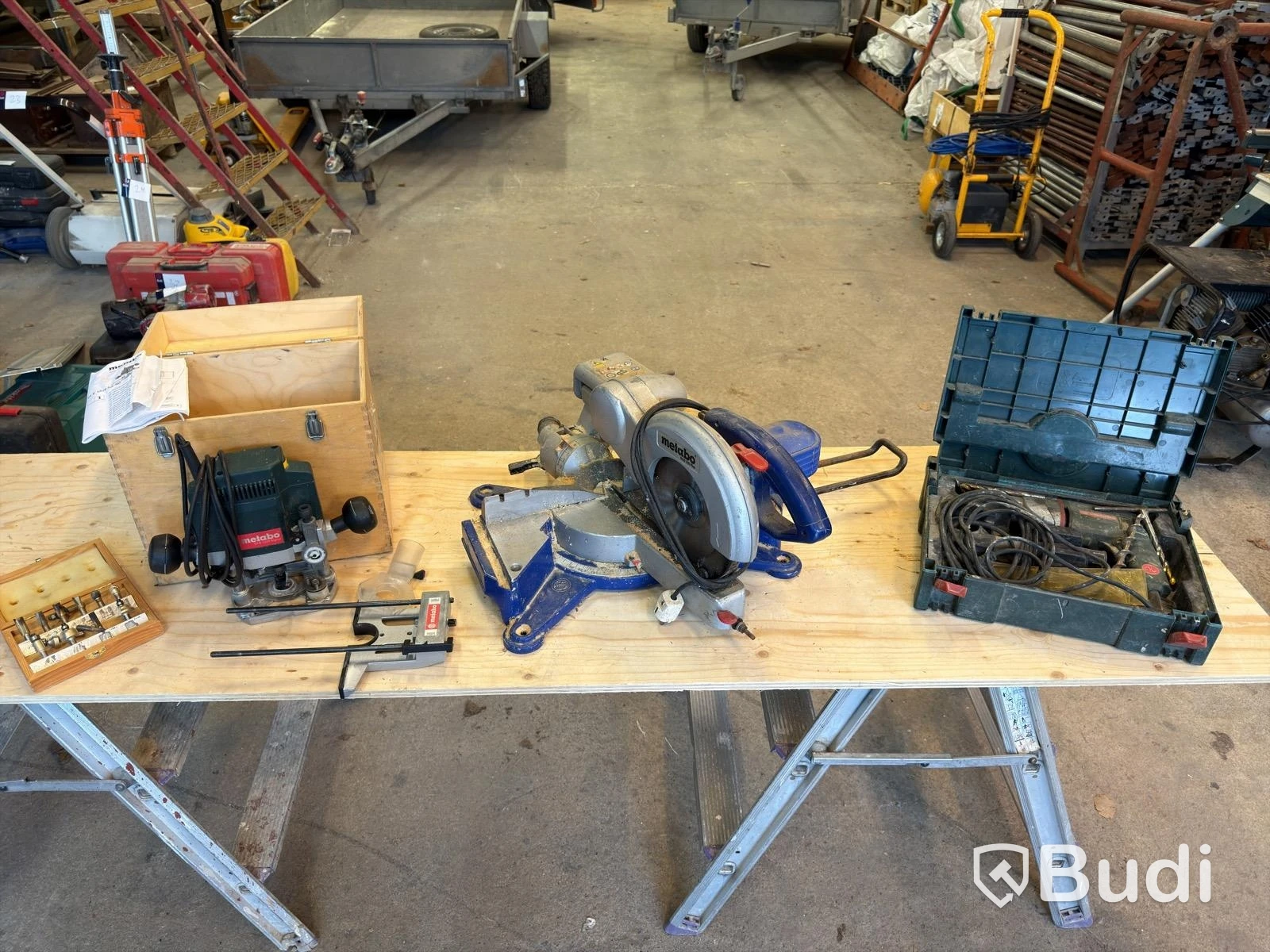 Hand router, mitre saw, drill