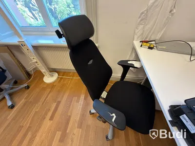 Office workstation with height-adjustable desk, Kinnarps chair, and 2 Dell monitors