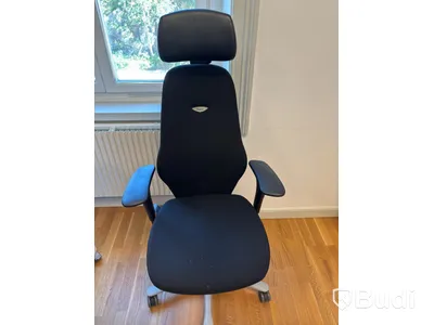 Office workstation with height-adjustable desk, Kinnarps chair, and 2 Dell monitors