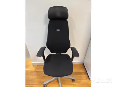 Office workstation with height-adjustable desk, Kinnarps chair, 2 Dell monitors, screen divider
