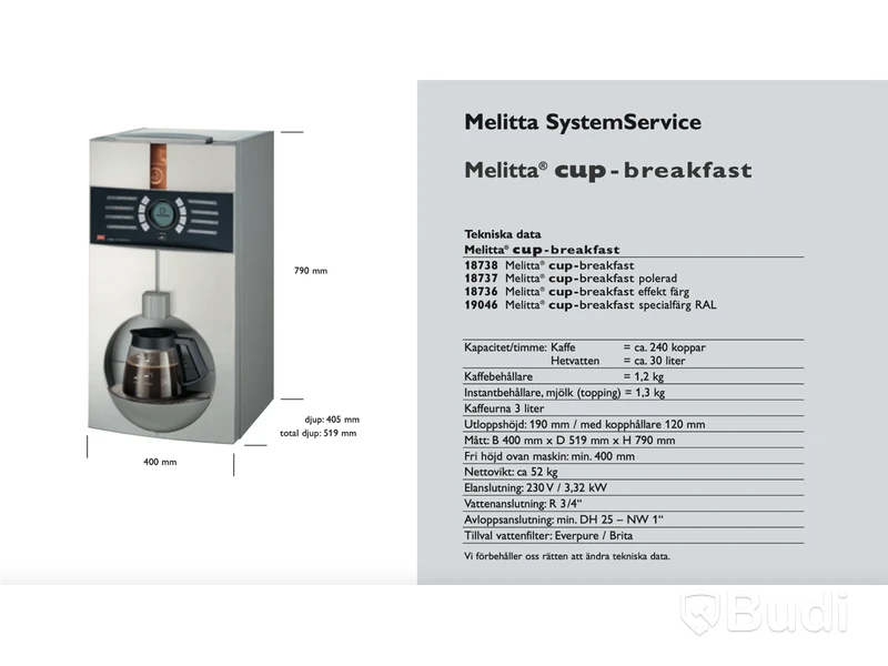 Kaffemaskin Melitta, Cup-breakfast, Ord. pris inkl. moms ca: 80 000 kr