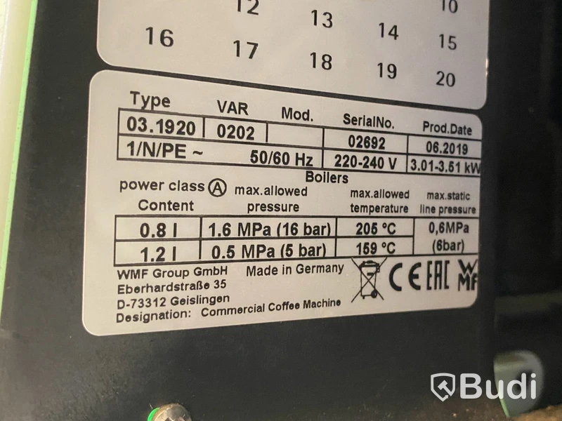 Kaffemaskin WMF, 03.1920 inkl. mjölkkyl VITRIFIGO, FG10l