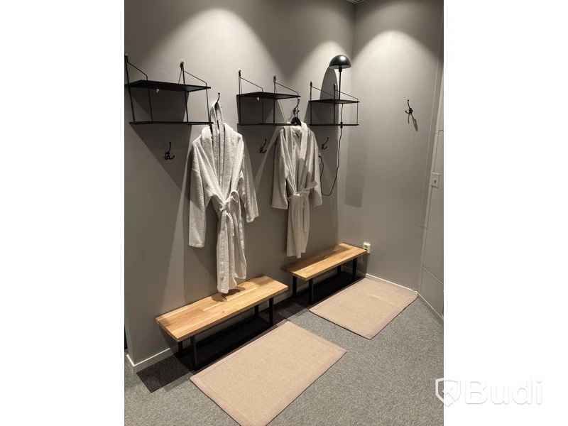 2 benches, incl. 3 shelves, a lamp, hooks and rugs