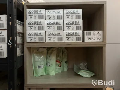 Lot of assorted cleaning supplies, incl. warehouse shelving and cabinets