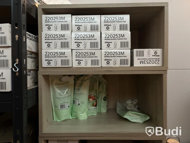 Lot of assorted cleaning supplies, incl. warehouse shelving and cabinets