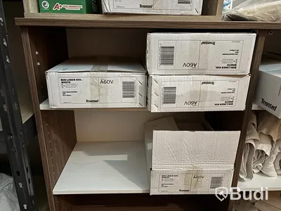 Lot of assorted cleaning supplies, incl. warehouse shelving and cabinets