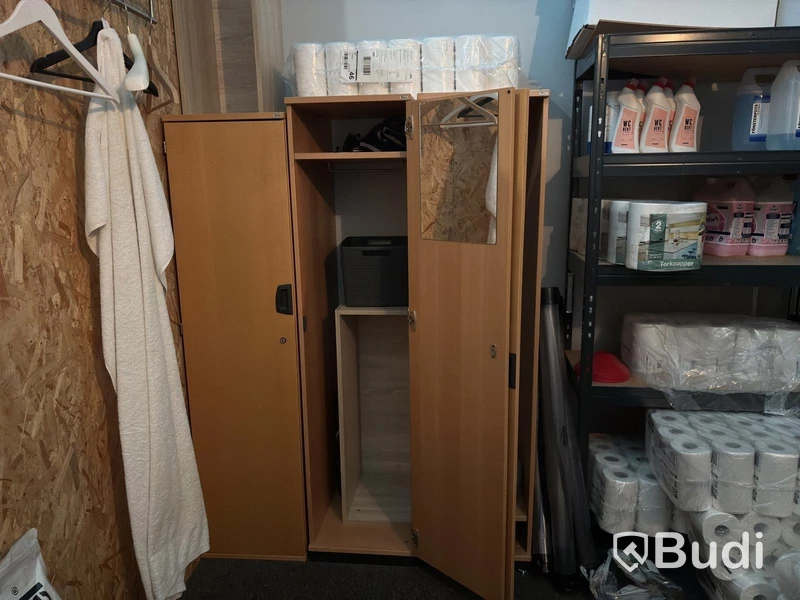 Lot of assorted cleaning supplies, incl. warehouse shelving and cabinets
