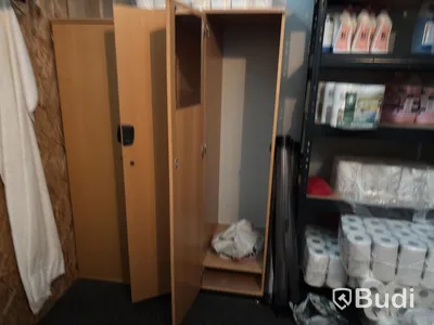 Lot of assorted cleaning supplies, incl. warehouse shelving and cabinets