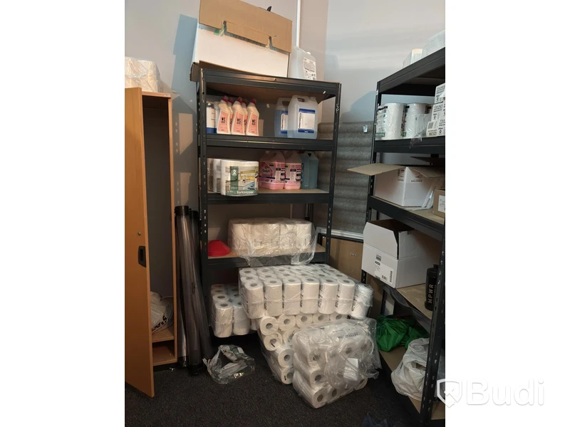 Lot of assorted cleaning supplies, incl. warehouse shelving and cabinets