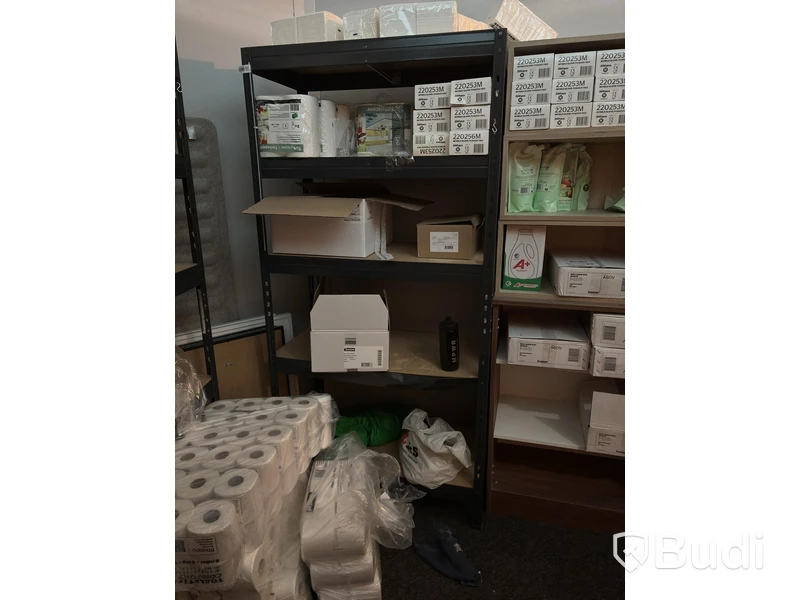 Lot of assorted cleaning supplies, incl. warehouse shelving and cabinets