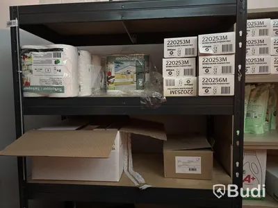 Lot of assorted cleaning supplies, incl. warehouse shelving and cabinets