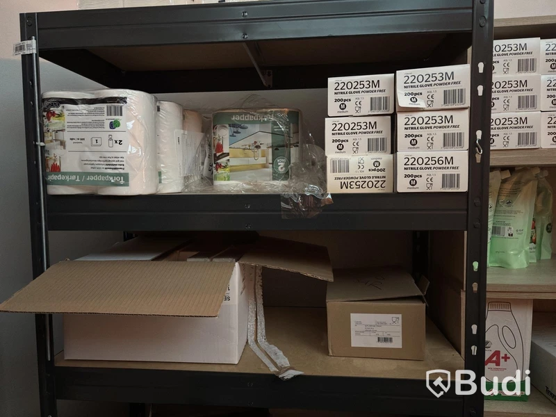 Lot of assorted cleaning supplies, incl. warehouse shelving and cabinets