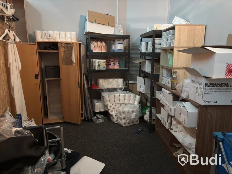 Lot of assorted cleaning supplies, incl. warehouse shelving and cabinets