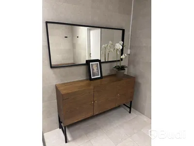 Cabinet including mirror and artificial plant