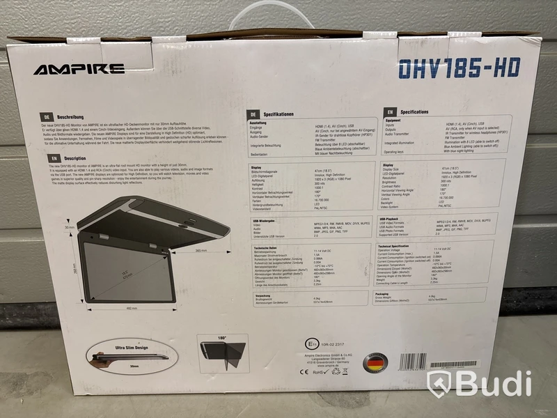 Takmonitor för bilar Ampire, OHV185-HD inkl. takmonteringsplatta och 3 st. trådlösa hörlurar