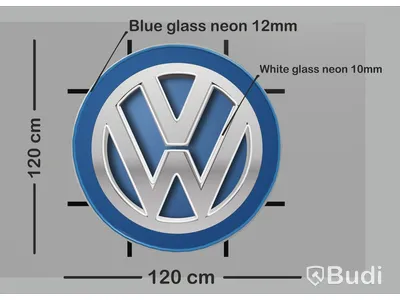 Neonskylt Volkswagen-logotyp, blått glas