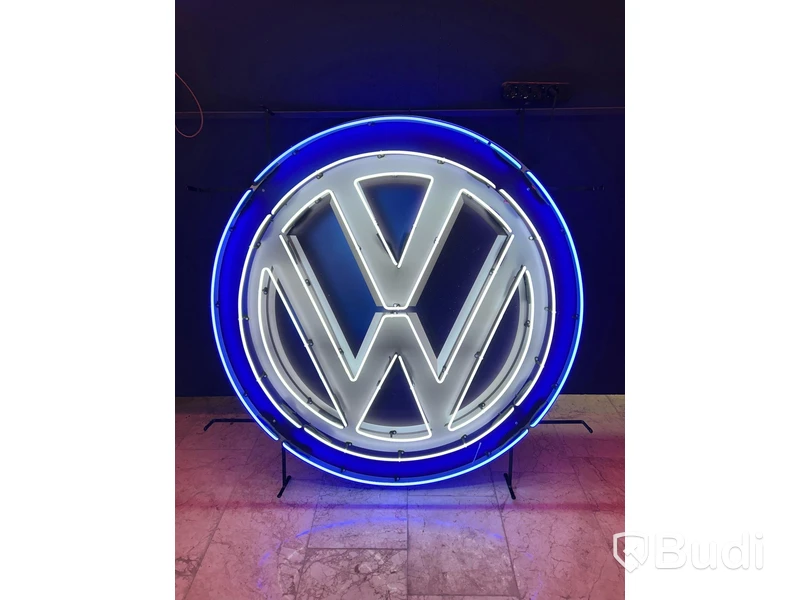 Neonskylt Volkswagen-logotyp, blått glas