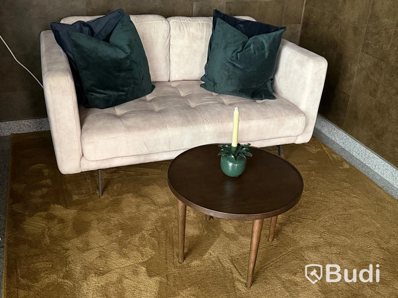 Soffa i beige sammet samt soffbord