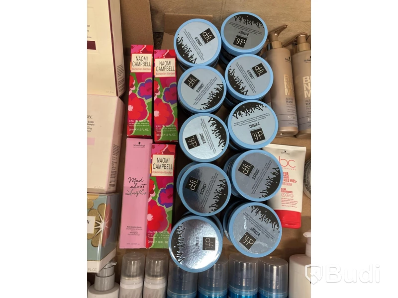 Lot of assorted hair products, perfumes, etc.